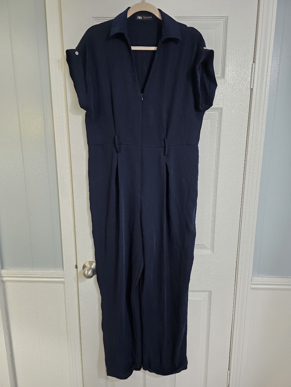 ZARA Dark Navy Short Sleeve Boiler Collared Jumpsuit Y2K Classy Coastal Boho 90s